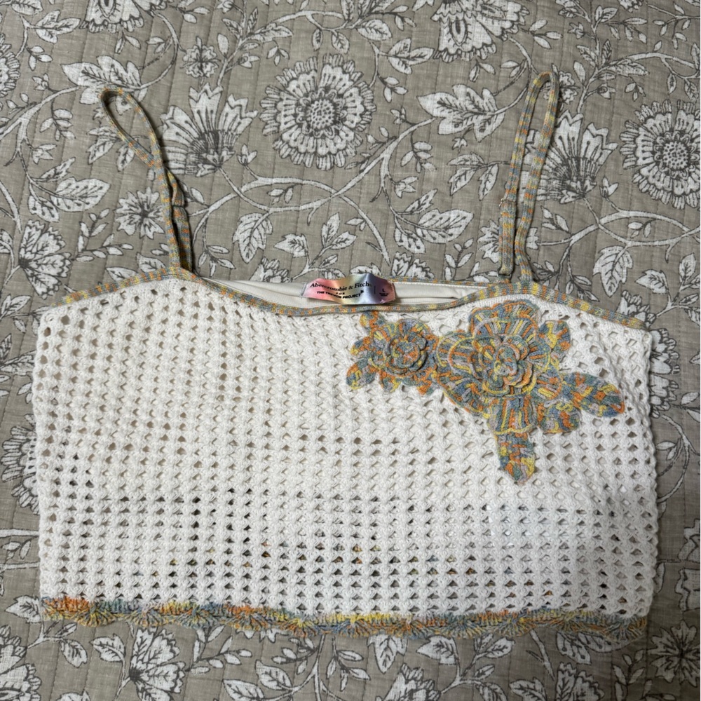 Abercrombie & Fitch White Crochet Top with Floral Accents